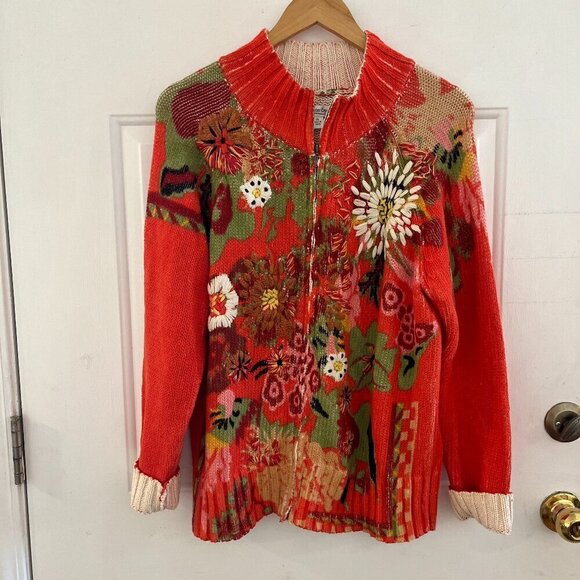 Coldwater Creek Woman's Orange Embroider Floral Zip-Up Cardigan Sz XL - Picture 1 of 10